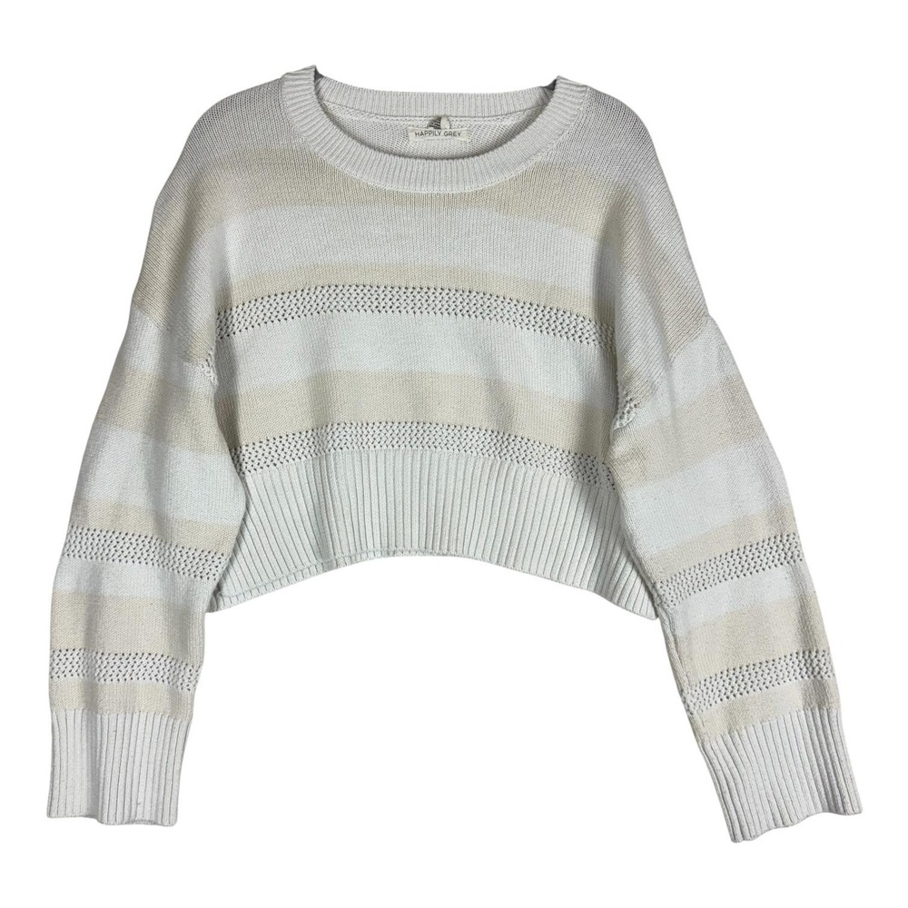 Happily Grey Sweater Womens Large White Stripe Open Knit Cropped Pullover